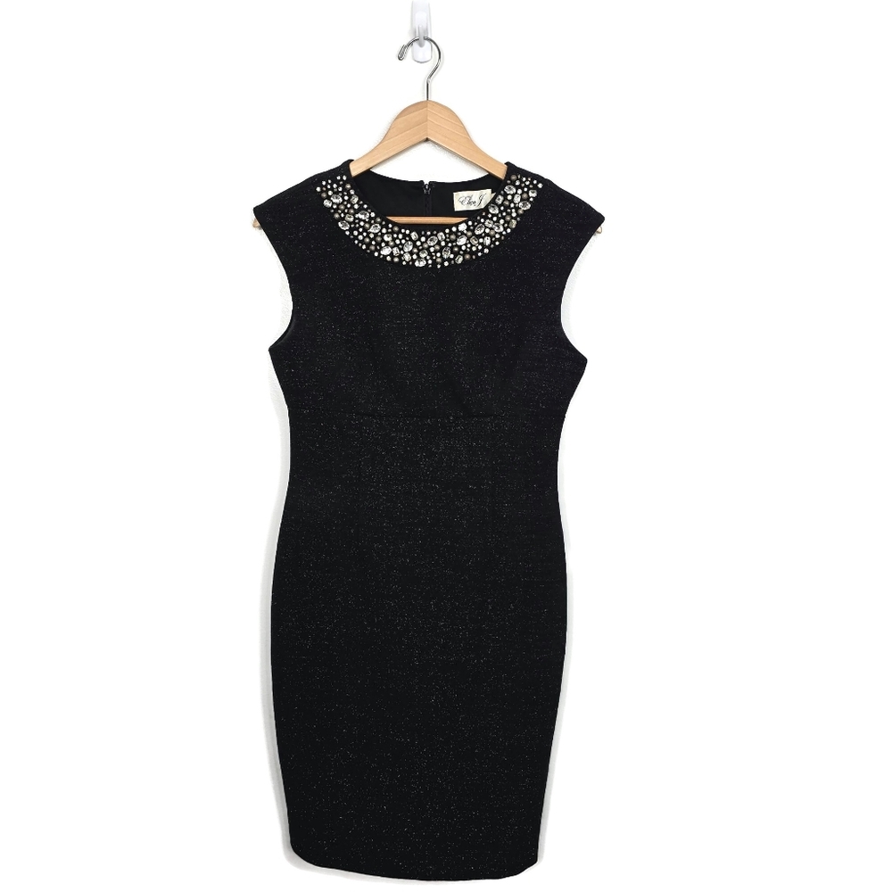 Eliza J Black Sparkle Knit Jeweled Neck Sheath Cocktail Dress Size 6